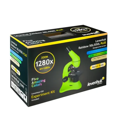 Mikroskopas Levenhuk Rainbow 50L PLUS Azure 64x–1280x su eksperimentiniu rinkiniu K50