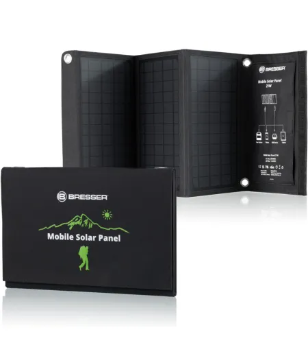 BRESSER mobilus saulės įkroviklis 21 vatų su USB ir nuolatinės srovės išvestimi