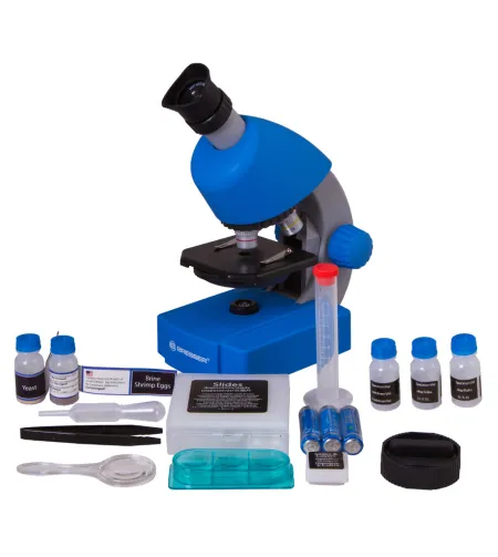 Microscope, Bresser Juniors 40x-640x BLUE with experiment kit, with phone adaptor