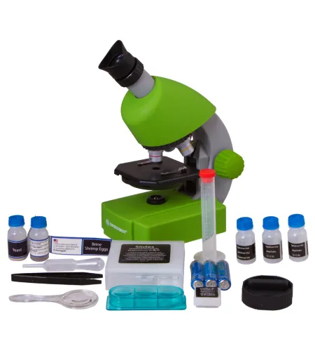 Mikroskopas Bresser Junior 40-640x - Žalias, su eksperimento komplektu, su telefono adapte