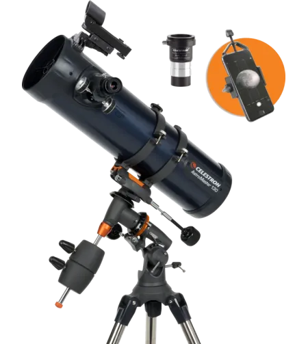 Celestron AstroMaster 130EQ reflektorinis teleskopas su išmaniojo telefono adapteriu ir T2